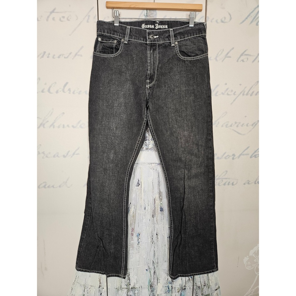 Guess Jeans Denim Pants 32 Black Wide Leg Contrast Stitch Y2K Baggy Grunge Retro